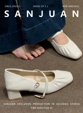 羊皮版sanjuan三卷玛丽珍方头中跟单鞋真皮法式高跟鞋粗跟小皮鞋