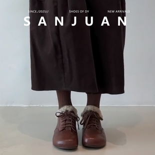 三卷sanjuan羊羔毛毛鞋女冬加绒保暖棉鞋增高小皮鞋英伦风乐福鞋