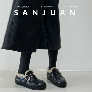 增高黑色单鞋 冬厚底乐福鞋 保暖 加绒小皮鞋 三卷sanjuan羊羔毛毛鞋