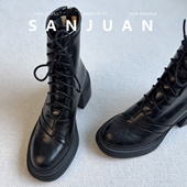 羊皮版 sanjuan三卷小个子厚底马丁靴系带高跟粗跟机车靴甜酷短靴
