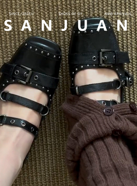 羊皮版sanjuan三卷复古辣妹方头铆钉玛丽珍鞋朋克风低跟单鞋2026