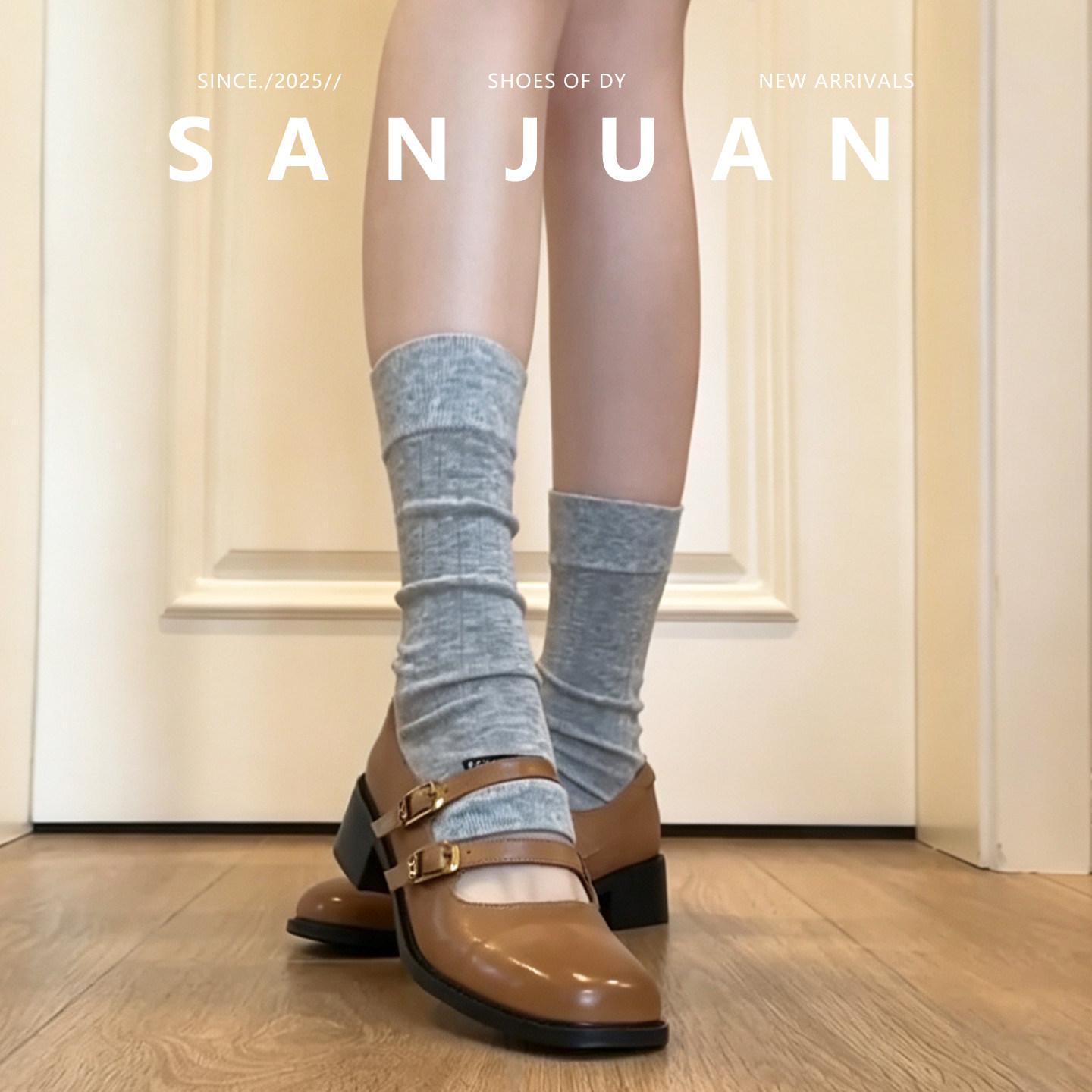 羊皮版sanjuan三卷洋气复古玛丽珍鞋皮带扣粗跟鞋厚底乐福鞋棕色