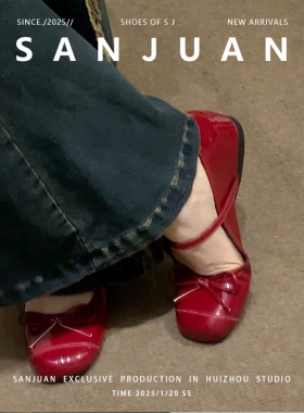 羊皮版sanjuan三卷法式方头单鞋内增高玛丽珍鞋浅口红色婚鞋订婚