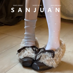 三卷SANJUAN 自制女鞋三卷sanjuan羊羔毛毛玛丽珍鞋女冬加绒高跟小皮鞋保暖单鞋内增高