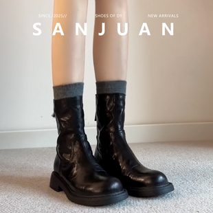 羊皮版sanjuan三卷厚底英伦风马丁靴女圆头短靴褶皱中筒瘦瘦靴冬