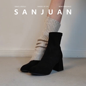 百搭粗跟高跟短靴绒面时尚 羊皮版 sanjuan三卷经典 瘦瘦靴复古袜靴