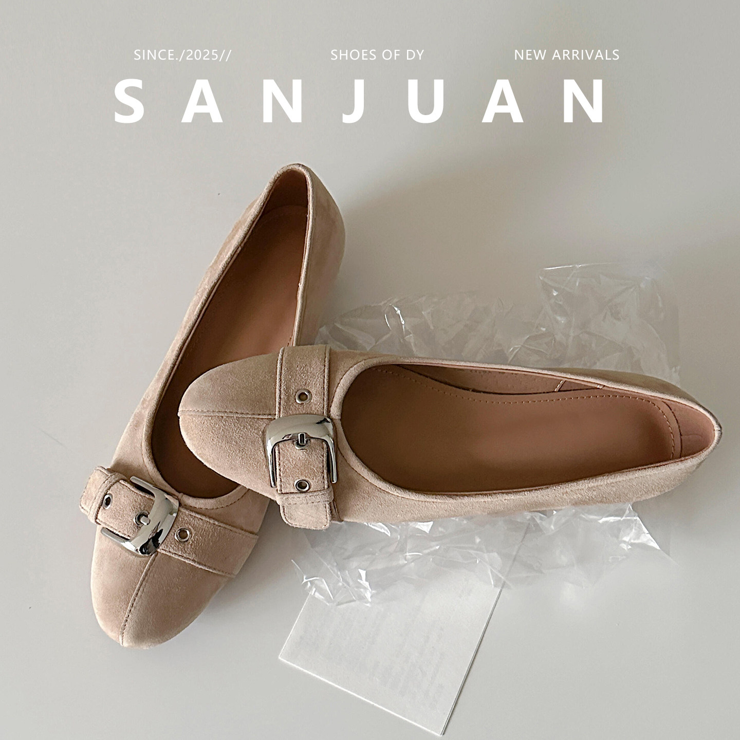 羊皮版sanjuan三卷内增高单鞋圆头浅口复古设计感配裙子女鞋春夏