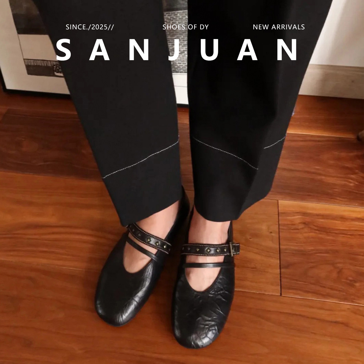 羊皮版sanjuan三卷玛丽珍鞋女复古圆头一字带铆钉乐福鞋通勤单鞋