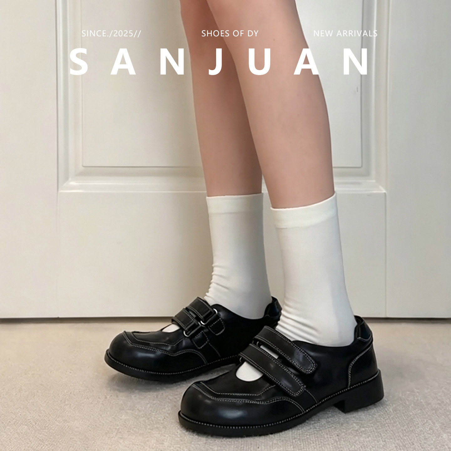 羊皮版sanjuan三卷复古乐福鞋女厚底魔术贴小皮鞋粗跟气质增高鞋