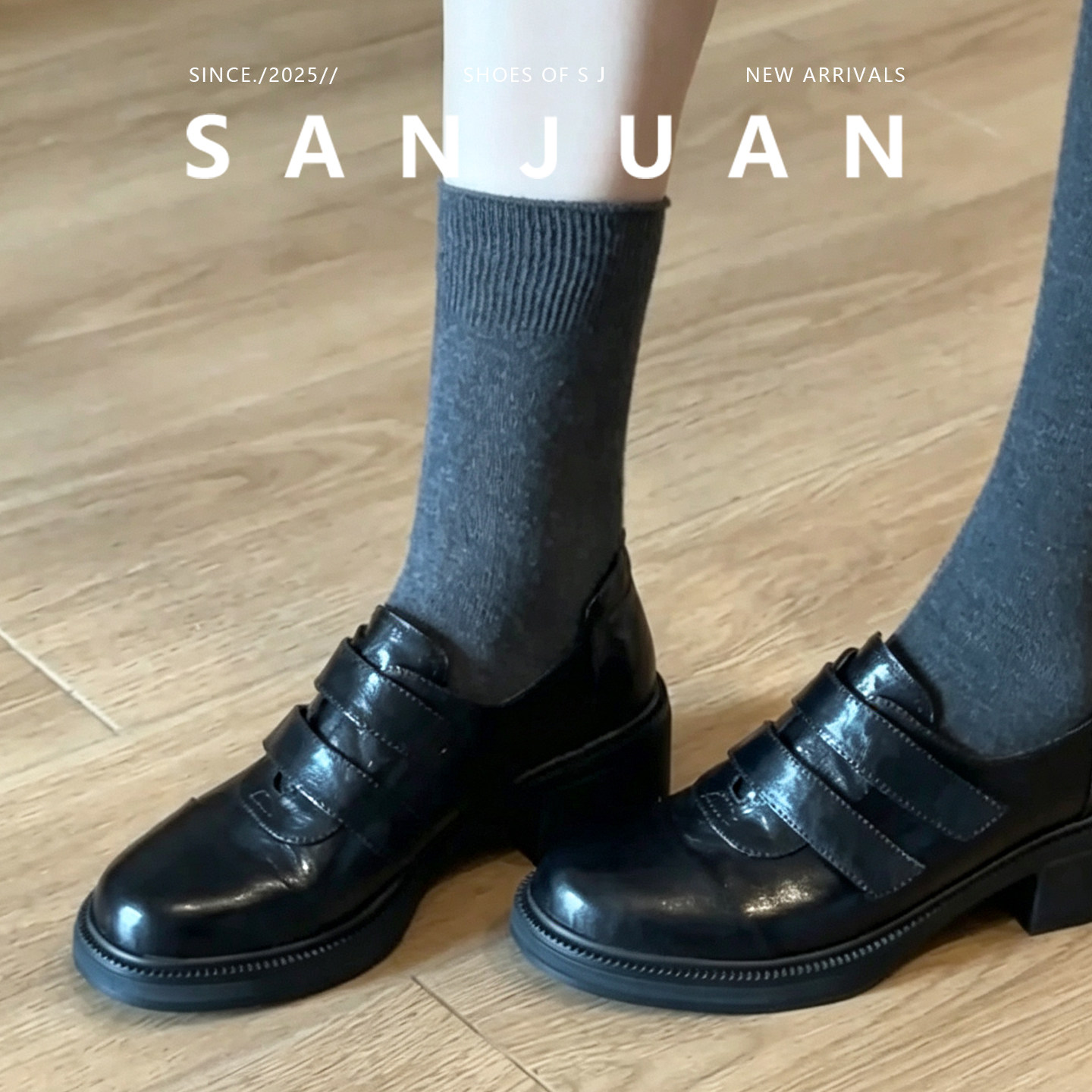 羊皮版sanjuan三卷法式新款乐福鞋复古魔术贴单鞋粗跟厚底小皮鞋