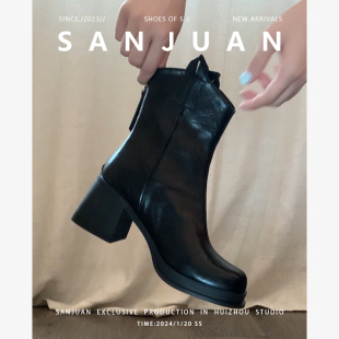 羊皮版sanjuan三卷高跟短靴女圆头加绒马丁靴厚底粗跟单靴小个子