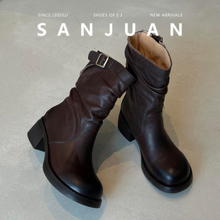 【三卷】复古英伦风堆堆短靴女新款小个子粗跟百搭皮带扣马丁靴女