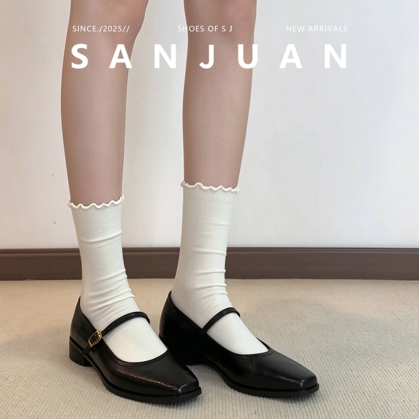羊皮版sanjuan三卷法式玛丽珍女鞋一字带厚底高跟鞋学院风粗跟鞋