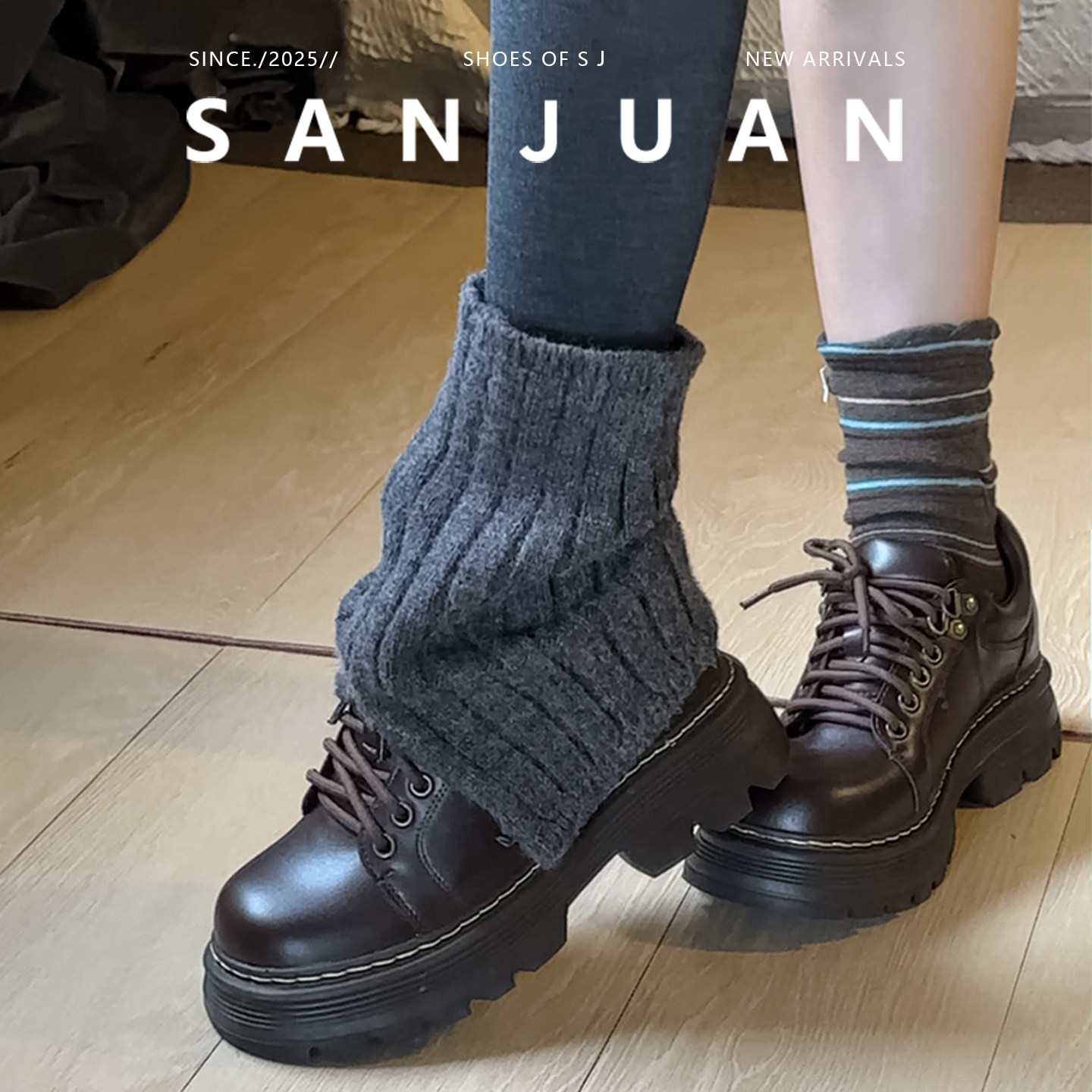 羊皮版sanjuan三卷法式复古乐福鞋厚底系带粗跟鞋内增高软底单鞋