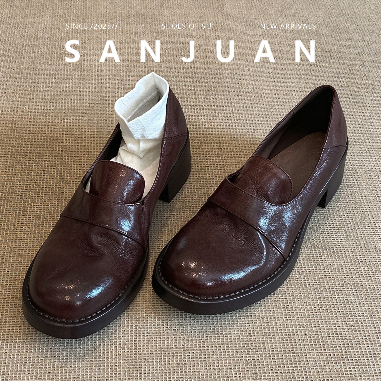 羊皮版sanjuan三卷厚底乐福鞋棕色小皮鞋复古单鞋增高通勤鞋圆头