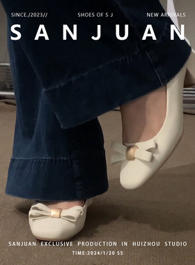 羊皮版sanjuan三卷小皮鞋粗跟单鞋中跟白色高跟鞋方头法式通勤鞋