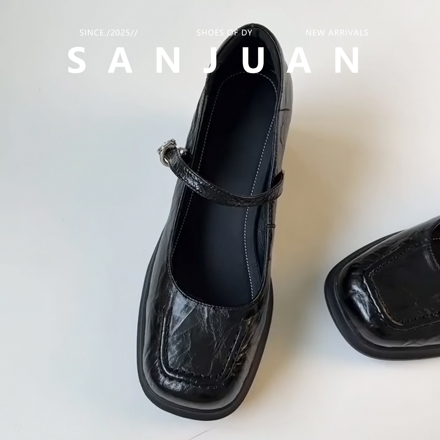 黑色方头百搭粗跟一字带玛丽珍鞋