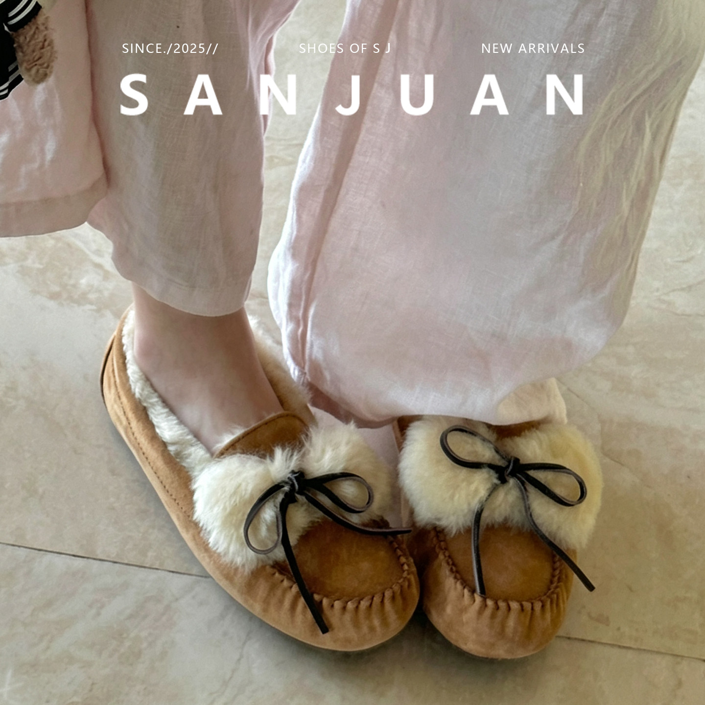 羊皮版sanjuan三卷新款羊羔毛毛鞋通勤蝴蝶结单鞋厚底褶皱乐福鞋