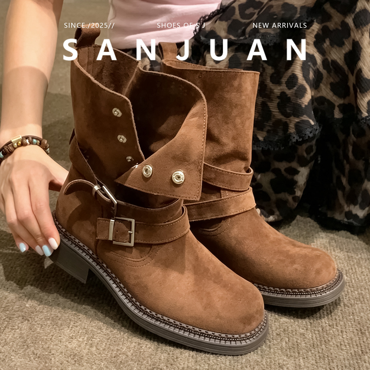羊皮版sanjuan三卷美拉德靴子女绒面两穿粗跟短靴秋冬废土机车靴