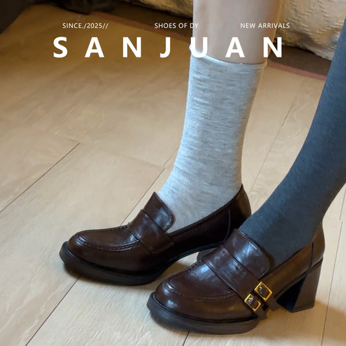 黑色/棕色百搭粗跟厚底单鞋