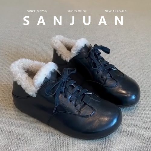 加绒毛毛鞋女冬懒人鞋复古小皮鞋