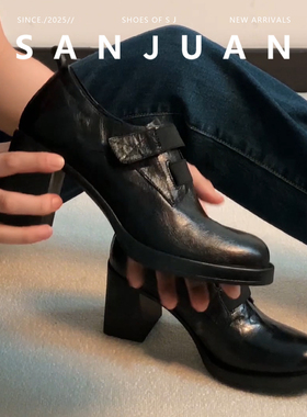 羊皮版sanjuan三卷法式粗跟单鞋女英伦风小皮鞋百搭学院风乐福鞋