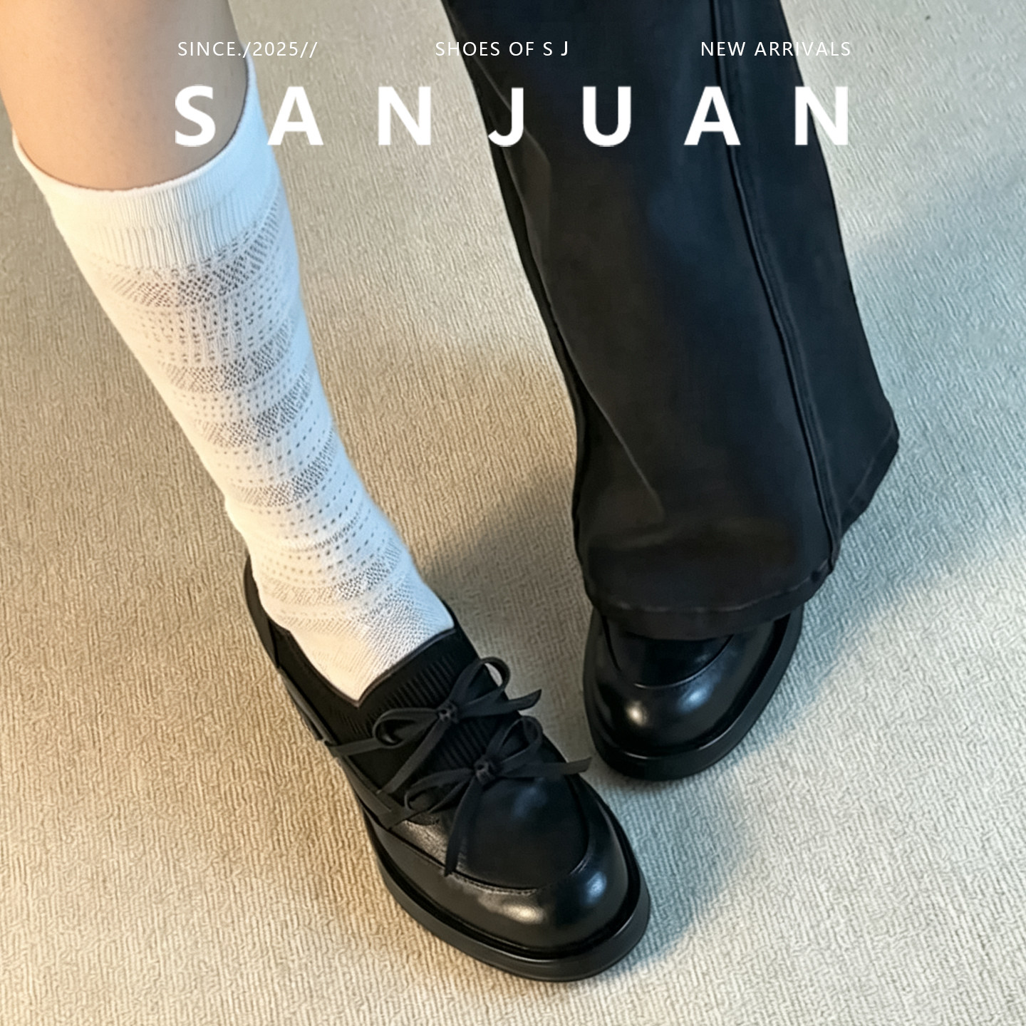 羊皮版sanjuan三卷法式厚底乐福鞋通勤圆头单鞋拼接蝴蝶结粗跟鞋