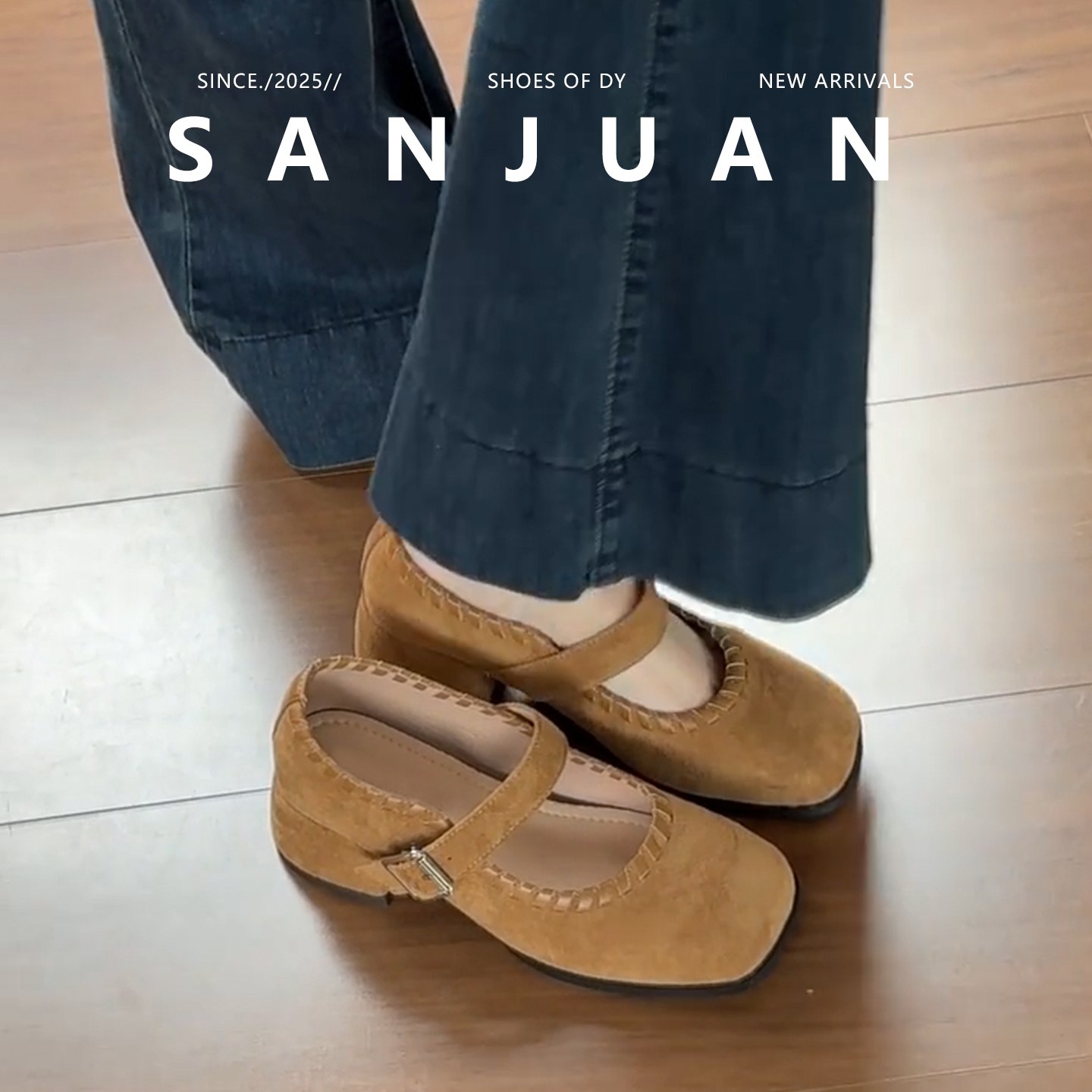 羊皮版sanjuan三卷复古玛丽珍鞋女绒面学院软妹浅口方头粗跟单鞋