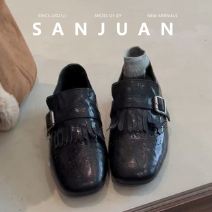 【三卷】复古圆头流苏皮带扣小皮鞋方头布洛克雕花百搭乐福鞋2026