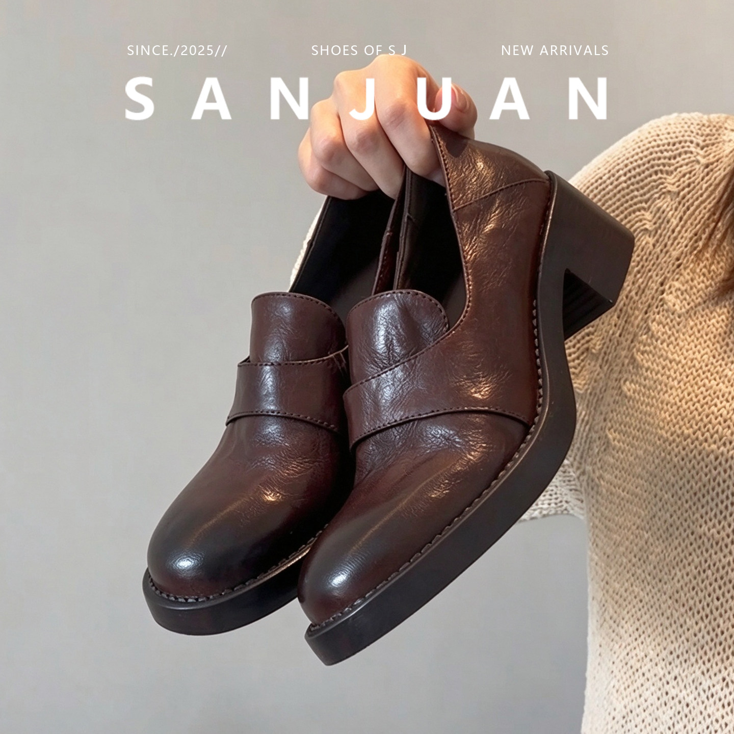 羊皮版sanjuan三卷通勤秋冬玛丽珍女鞋粗跟厚底单鞋复古乐福女鞋