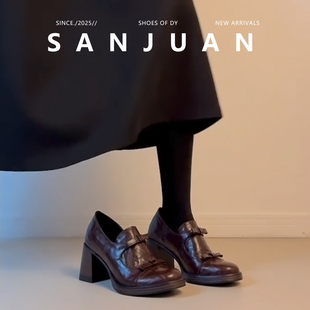 羊皮版sanjuan三卷厚底圆头小皮鞋女蝴蝶结高跟鞋学院风粗跟单鞋