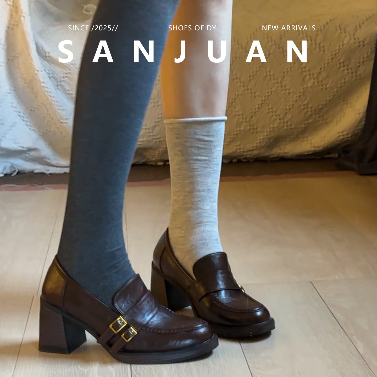 羊皮版sanjuan三卷高跟乐福鞋厚底增高粗跟单鞋女百搭小皮鞋棕色,女鞋,深口单鞋,淘宝优惠券,粉丝福利购,淘宝优惠卷