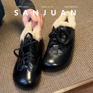 三卷sanjuan羊羔毛毛鞋女冬加绒保暖棉鞋内增高小皮鞋英伦乐福鞋