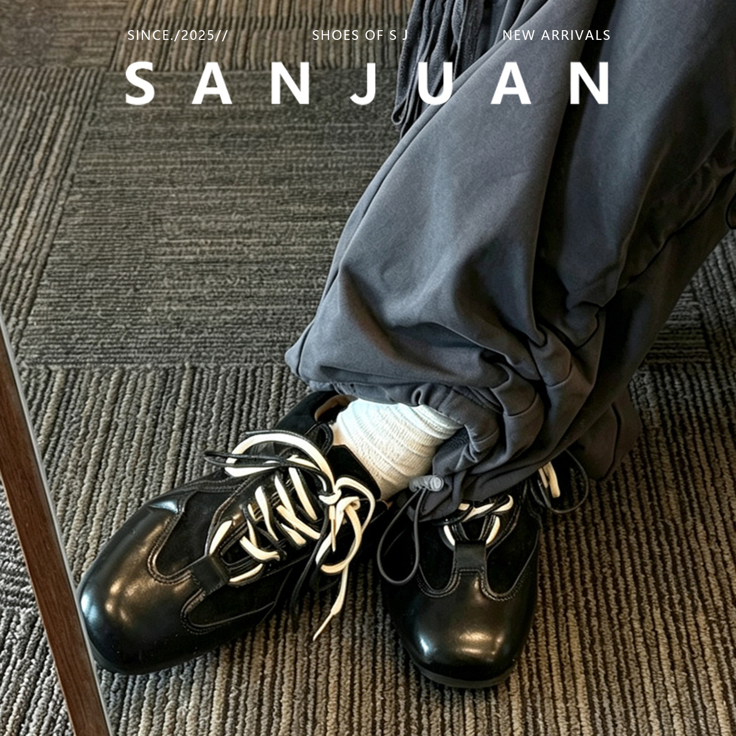 羊皮版sanjuan三卷复古德训鞋搭系带方头单鞋内增高运动感小皮鞋