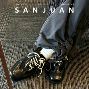 羊皮版sanjuan三卷复古德训鞋搭系带方头单鞋内增高运动感小皮鞋