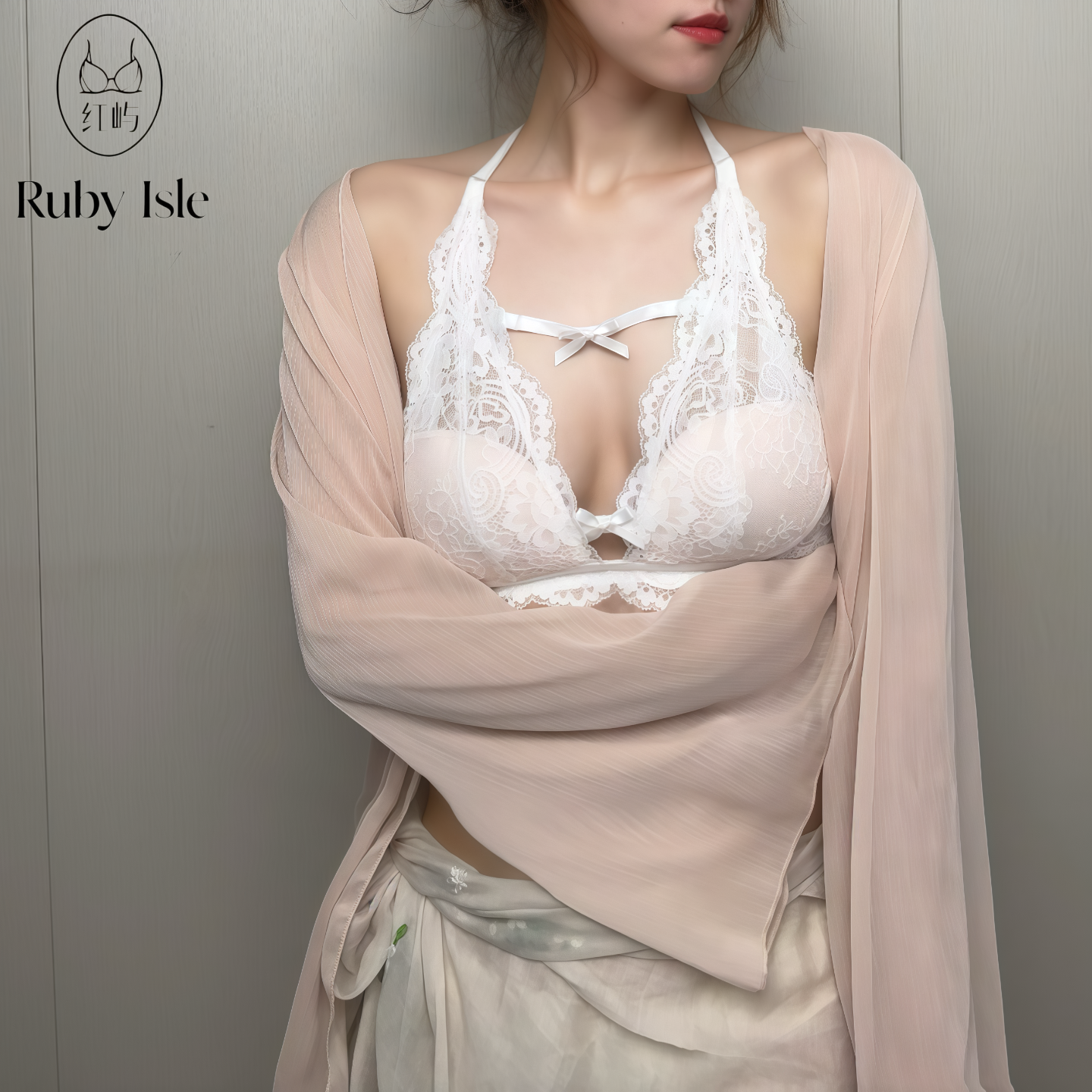 红屿法式蕾丝内衣蝴蝶结美背挂脖无钢圈性感纯欲交叉文胸套装深V