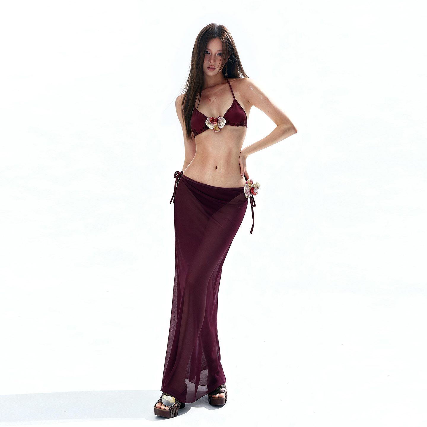 罗卡艺绝美紫色长裙比基尼纯欲辣妹花朵显瘦性感温泉度假泳衣女