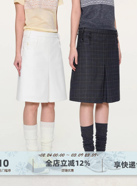 yawhat双色格子通勤休闲简约西装裙A字压褶开叉百搭时髦感半裙