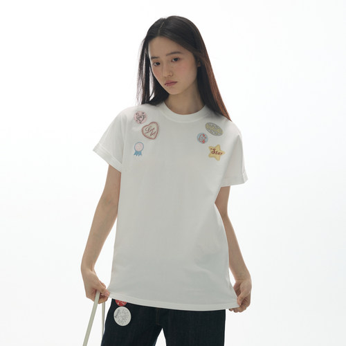 yawhat白色章仔印花绣花圆领纯棉短袖T恤袖翻边落肩宽松休闲上衣
