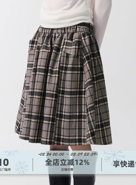 yawhat复古风呢子格纹松紧腰插袋抽褶半裙A字蓬蓬裙宽松秋冬女