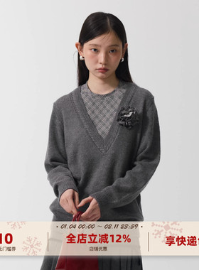 yawhat灰色格纹拼接假两件针织衫女含羊毛显瘦百搭V领毛衣上衣女