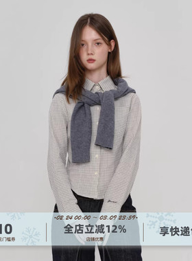 yawhat双色格子收腰衬衫女刺绣长袖纯棉下摆设计叠穿百搭短款上衣