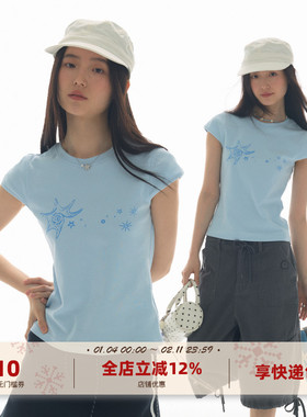 yawhat浅蓝色海螺贝壳印花小飞袖短袖T恤女圆领休闲合身弹性上衣