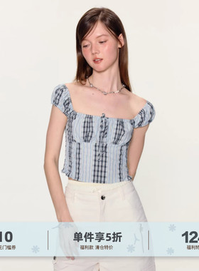 yawhat蓝色格纹方领泡泡袖打揽短款上衣夏季短袖小衫收腰衬衫短款