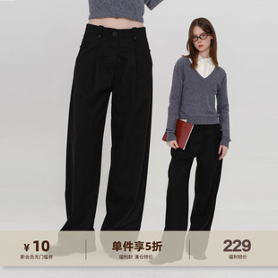 女显瘦设计感垂感阔腿裤 高档羊毛天丝休闲裤 裤 yawhat黑色高腰西装