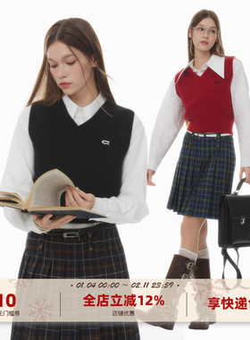 yawhat圣诞新年红色浣熊绒羊毛混纺V领针织毛衣背心绒感叠穿内搭