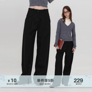女显瘦设计感垂感阔腿裤 高档羊毛天丝休闲裤 裤 yawhat黑色高腰西装