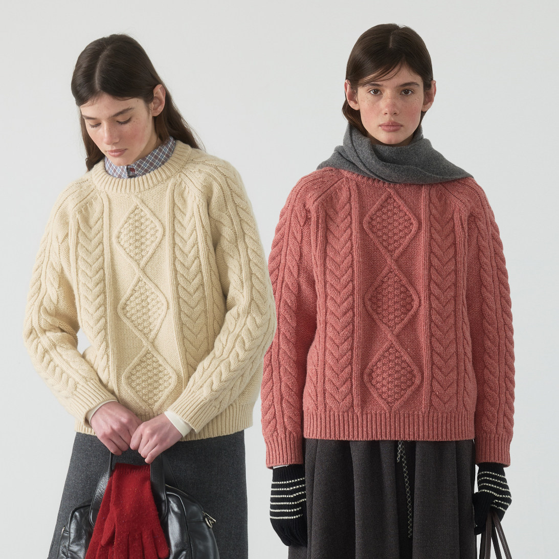 yawhat双色纯羊毛粗针麻花绞花套头毛衣加厚圆领宽松针织羊毛衫