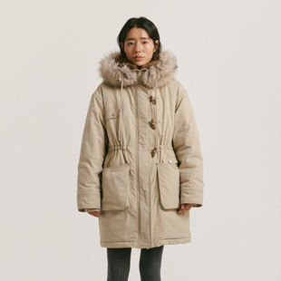 yawhat卡其色连帽可拆卸毛领皮草拼接中长款 派克服加厚宽松棉服