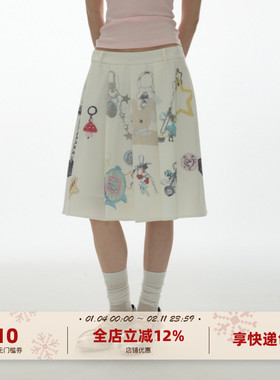 yawhat原创挂坠印花趣味小众设计感百褶裙A字廓形低腰甜美半身裙